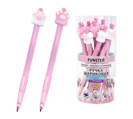 Изображение товара Ручка с топпером шариковая автоматическая FUNSTER Cat Paw, СИНЯЯ, КОМПЛЕКТ 12 шт., ассорти, линия 0,35 мм 144376