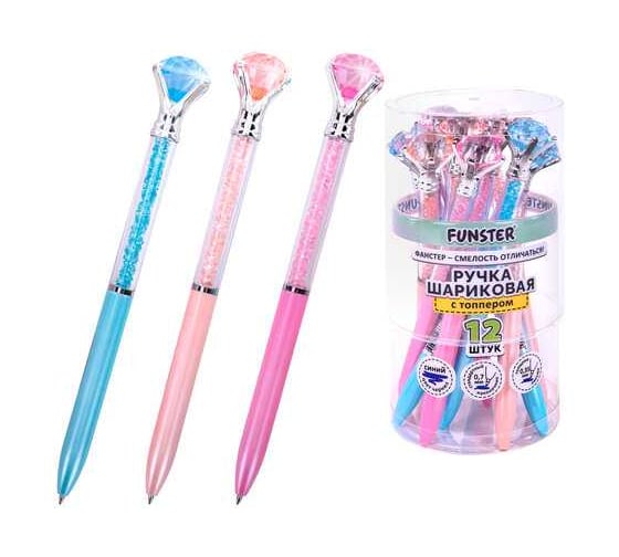 Изображение товара Ручка с топпером шариковая FUNSTER Shine Bright,СИНЯЯ, корпус ассорти, КОМПЛЕКТ 12 шт., линия письма 0,35мм 144377