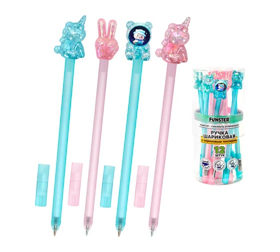 Изображение товара Ручка с акриловым топпером шариковая FUNSTER ACRYL MIX,СИНЯЯ, КОМПЛЕКТ 12 шт., корпус ассорти, линия 0,35 мм 144380