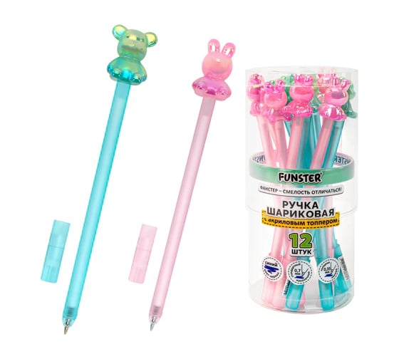 Изображение товара Ручка с акриловым топпером шариковая FUNSTER BearBunny,СИНЯЯ, КОМПЛЕКТ 12 шт., корпус ассорти,линия 0,35 мм 144372