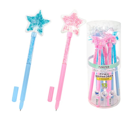 Изображение товара Ручка с топпером с блестками шариковая FUNSTER Magic Star, СИНЯЯ, КОМПЛЕКТ 12 шт., ассорти, линия 0,35 мм 144379