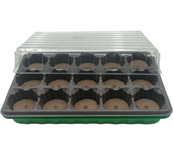 Изображение товара Парник мини для рассады с торфяными таблетками и крышкой ЛЕТО, 15 таблеток Ø55 мм, кассета и лоток из полистирола, 25666