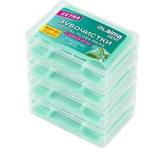 Изображение товара Зубочистки флоссеры с зубной нитью LAIMA 200шт(4х50) +20 в Подарок в боксе ВКУС МЯТЫ DENT, 609407