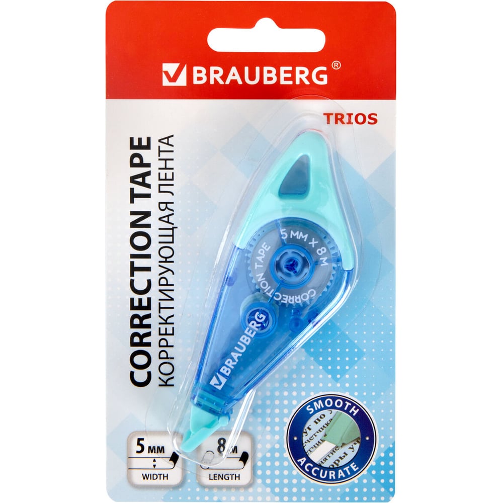 Изображение товара Корректирующая лента BRAUBERG TRIOS 5 мм х 8 м с мятно-голубым корпусом