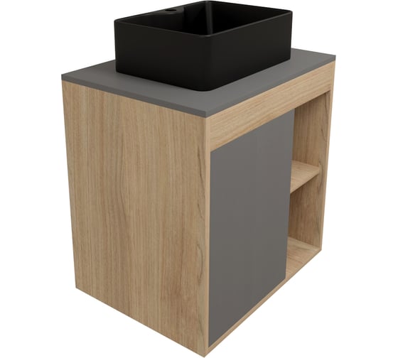 Изображение товара Тумба подвесная с раковиной для ванной 60 см Nura корпус дуб фасад графит раковина Helmi Mini 41 черная матовая Teymi F15160 ЦБ-00285324