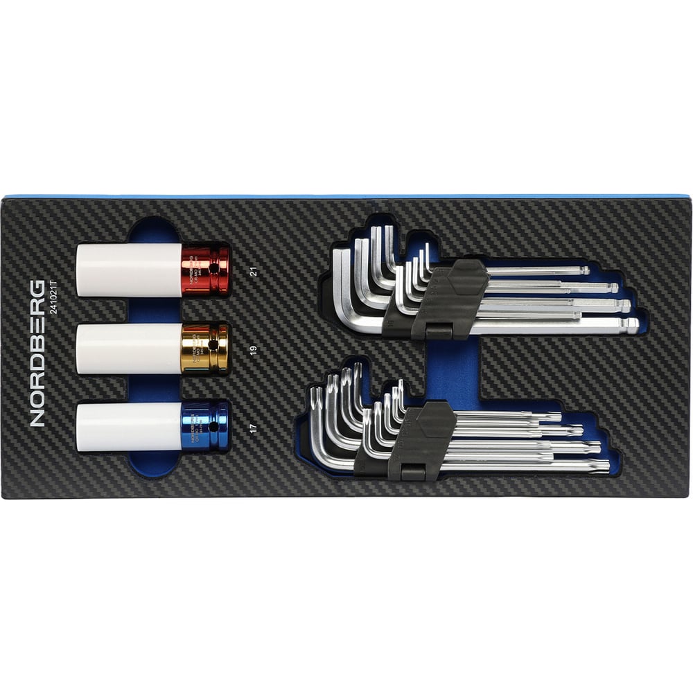 Изображение товара Набор шестигранных ключей и ударных головок NORDBERG 21 предмет в ложементе для тележки 241021T