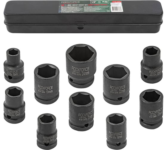 Изображение товара Набор головок ударных Rockforce 10 предметов 1/2(6-гран)(10,12,13,14,16,17,19,21,22,24,мм), в металлическом кейсе RF-4109-5MPB(54612)