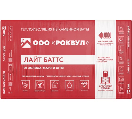 Изображение товара Утеплитель RWL РОКВУЛ ЛАЙТ БАТТС ЭКСТРА 1000х600х50 24пач/паллет ГППАЛ-315200