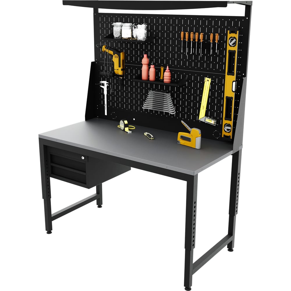 Изображение товара Верстак регулируемый с тумбой и перфопанелью GREENBERG 1200х600 мм Изображение товара Верстак регулируемый с тумбой и перфопанелью GREENBERG 1200х600 мм