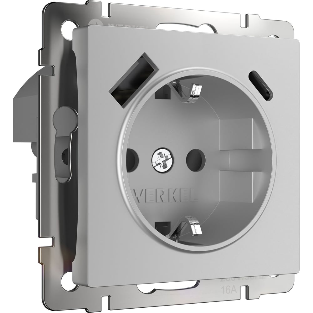 Изображение товара Розетка WERKEL W1171706 с заземлением, шторками и USB A+C серебряная