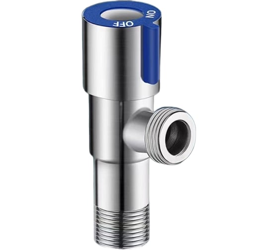 Изображение товара Кран для бытовых приборов угловой СТМ, 1/2×3/4, штуцер-штуцер, с отражателем, нержавеющая сталь, синий CASBB1234