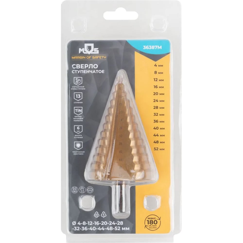Изображение товара Сверло ступенчатое MOS HSS по металлу 13 ступеней 4-52 мм 36387М