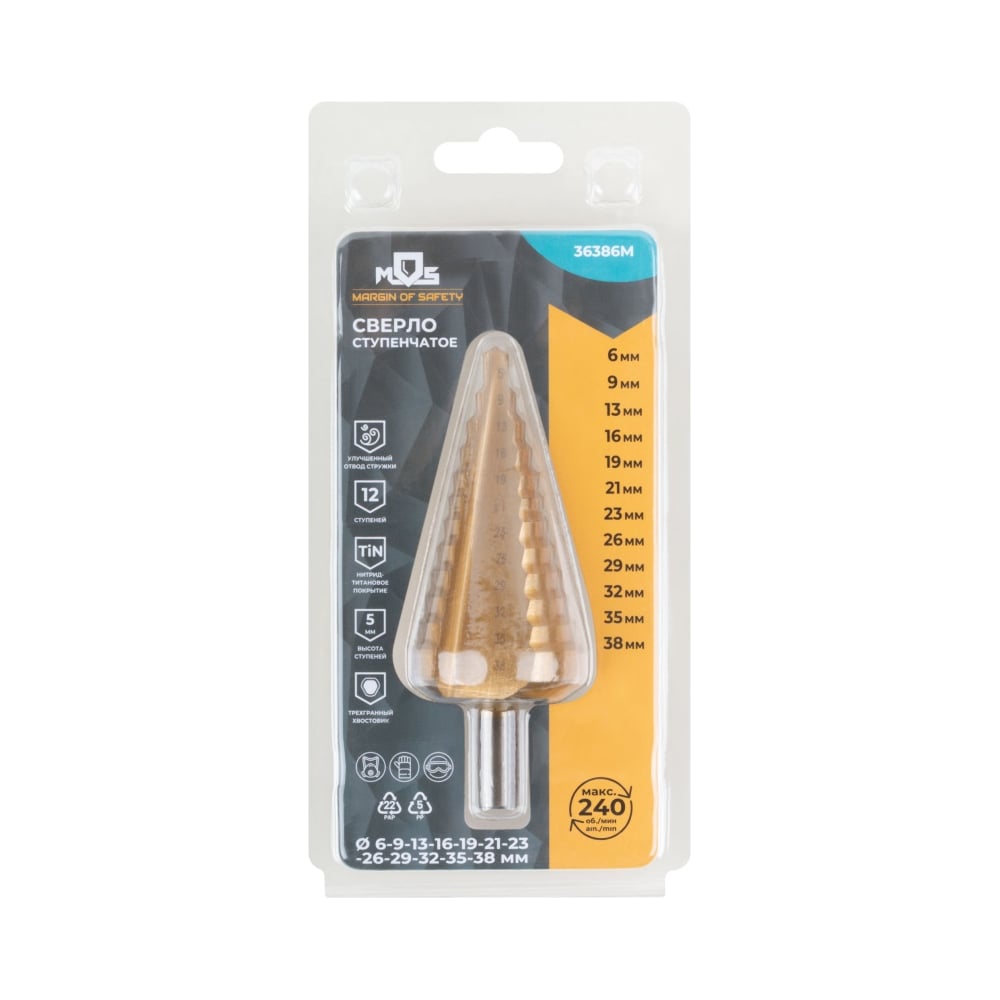 Изображение товара Сверло ступенчатое MOS HSS-TiN по металлу 12 ступеней 6-38 мм 36386М
