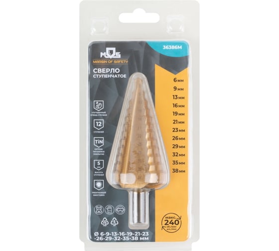Изображение товара Сверло ступенчатое MOS HSS по металлу, 12 ступеней 6-9-13-16-19-21-23-26-29-32-35-38 мм 36386М