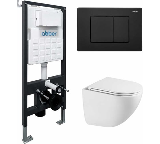 Изображение товара Комплект подвесной унитаз с инсталляцией и кнопкой смыва чёрной матовой ABBER Bequem AC1131TC белый с закрытым дном, инсталляция AC0105, кнопка AC0120MB AC1131TC-AC0105-AC0120MB
