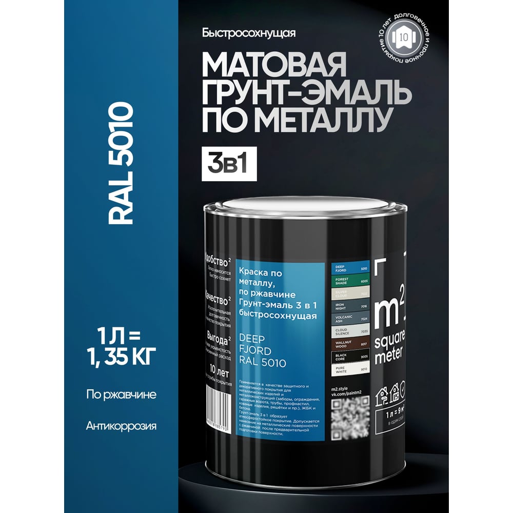 Изображение товара Грунт-эмаль по ржавчине M2 SQUARE METER 1 л сине-голубой RAL 5010