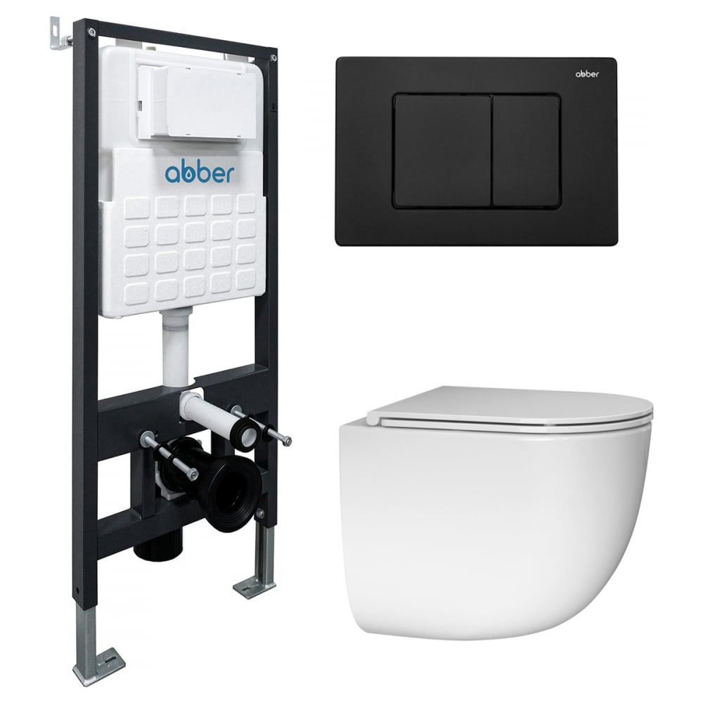 Изображение товара Подвесной унитаз с инсталляцией и кнопкой смыва чёрной матовой ABBER Bequem AC1132TC