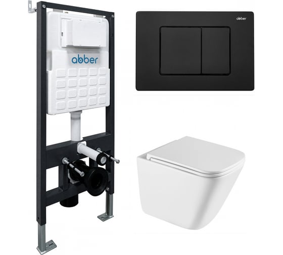Изображение товара Комплект подвесной унитаз с инсталляцией и кнопкой смыва чёрной матовой ABBER Rechteck AC1219TC белый с закрытым дном, инсталляция AC0105, кнопка AC0120MB AC1219TC-AC0105-AC0120MB