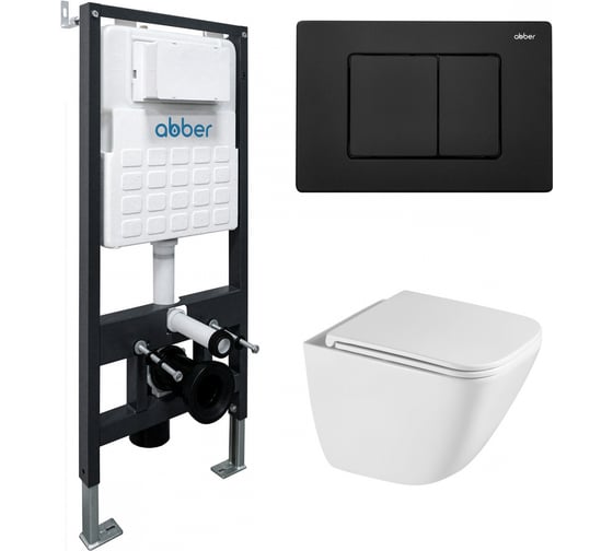 Изображение товара Комплект подвесной унитаз с инсталляцией и кнопкой смыва чёрной матовой ABBER Rechteck AC1220TC белый с закрытым дном, инсталляция AC0105, кнопка AC0120MB AC1220TC-AC0105-AC0120MB