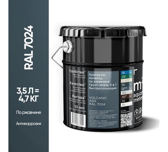Изображение товара Грунт - эмаль 3 в 1 по ржавчине M2 SQUARE METER RAL 7024 Графит (3.5л) 10211000047024