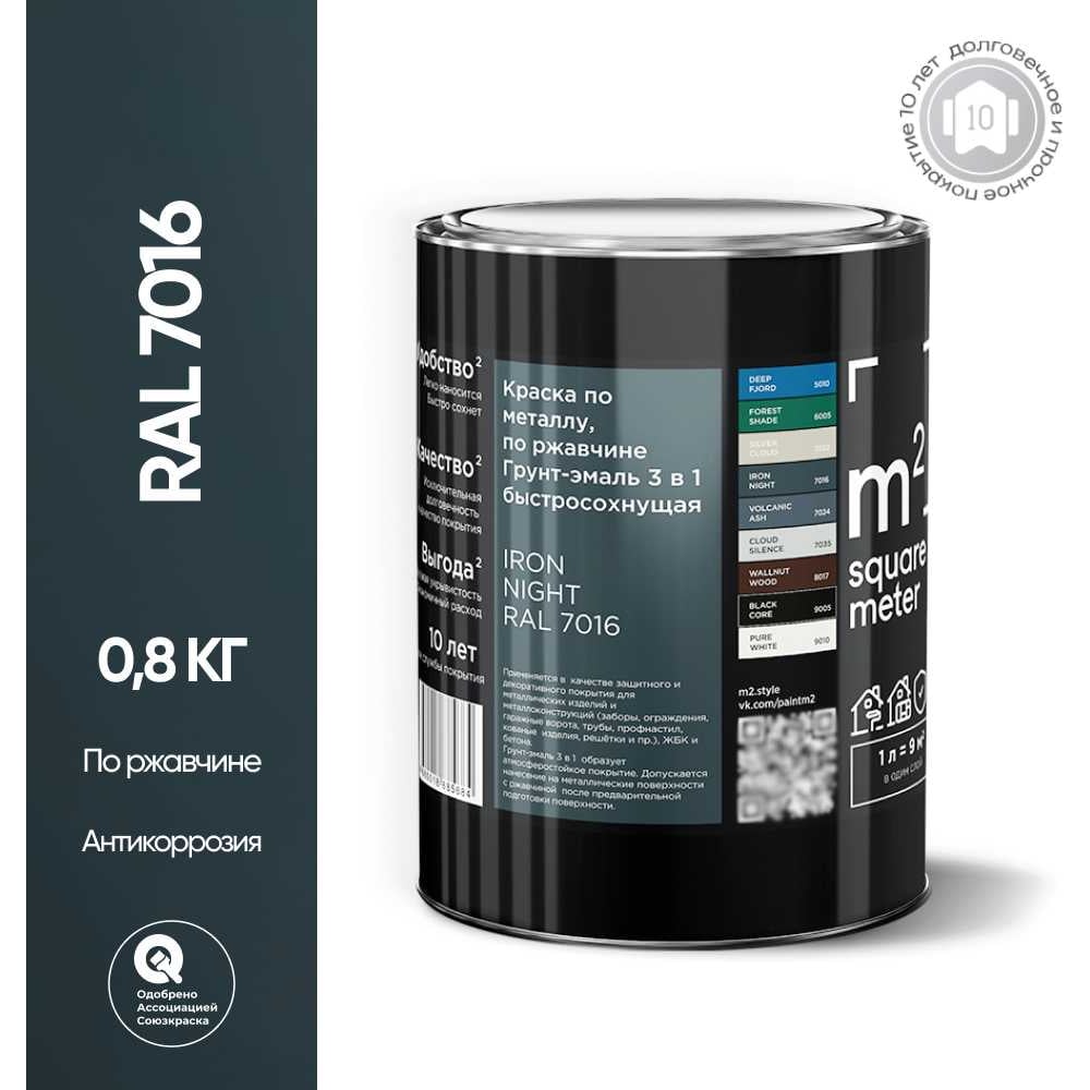 Изображение товара Грунт - эмаль 3 в 1 по ржавчине M2 SQUARE METER RAL 7016 Антрацит, 0,8 кг 10211000017016 Изображение товара Грунт - эмаль 3 в 1 по ржавчине M2 SQUARE METER RAL 7016 Антрацит, 0,8 кг 10211000017016