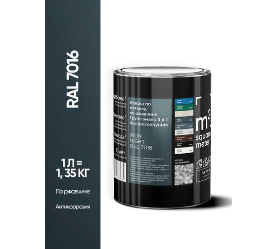 Изображение товара Грунт - эмаль 3 в 1 по ржавчине M2 SQUARE METER RAL 7016 Антрацит, 1л 10211000017016