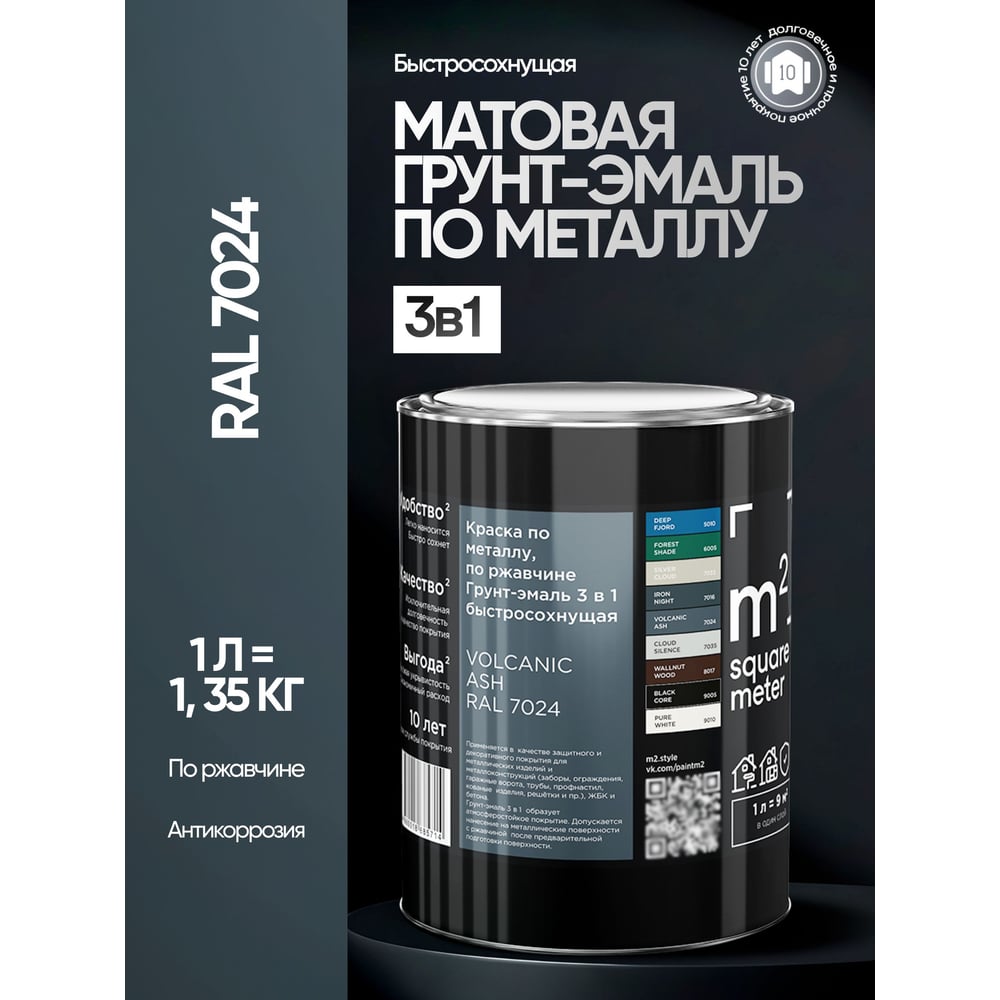Изображение товара Грунт-эмаль по ржавчине M2 SQUARE METER RAL 7024 Графит, 1 л, быстросохнущая и влагостойкая