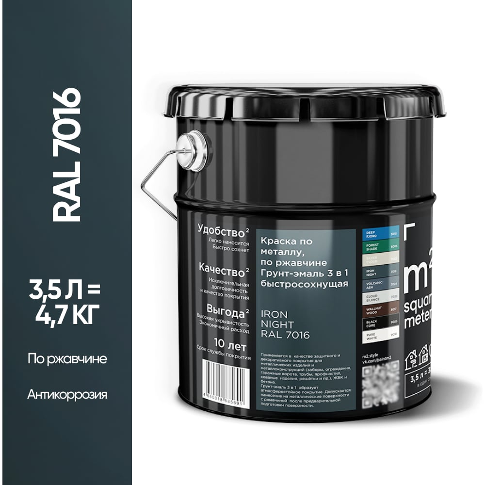 Изображение товара Грунт эмаль 3 в 1 по ржавчине M2 SQUARE METER RAL 7016 Антрацит 3 5 л