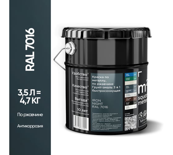Изображение товара Грунт - эмаль 3 в 1 по ржавчине M2 SQUARE METER RAL 7016 Антрацит (3.5л) 10211000047016