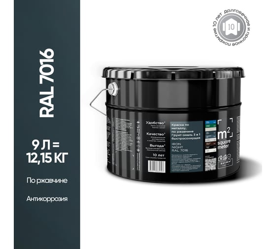 Изображение товара Грунт - эмаль 3 в 1 по ржавчине M2 SQUARE METER RAL 7016 Антрацит, 9л 10211000107016