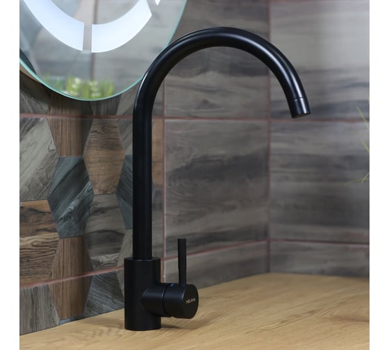 Изображение товара Смеситель для кухни однорычажный MELANA Tondo, нержавеющая сталь, чёрный, литой излив 610103B