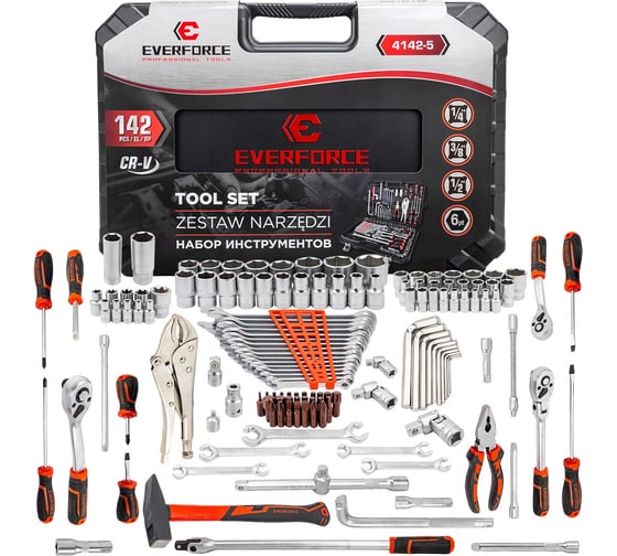 Изображение товара Набор инструментов EVERFORCE 142 предмета 1/4, 3/8, 1/2, 6 граней EF-4142-5(64296)