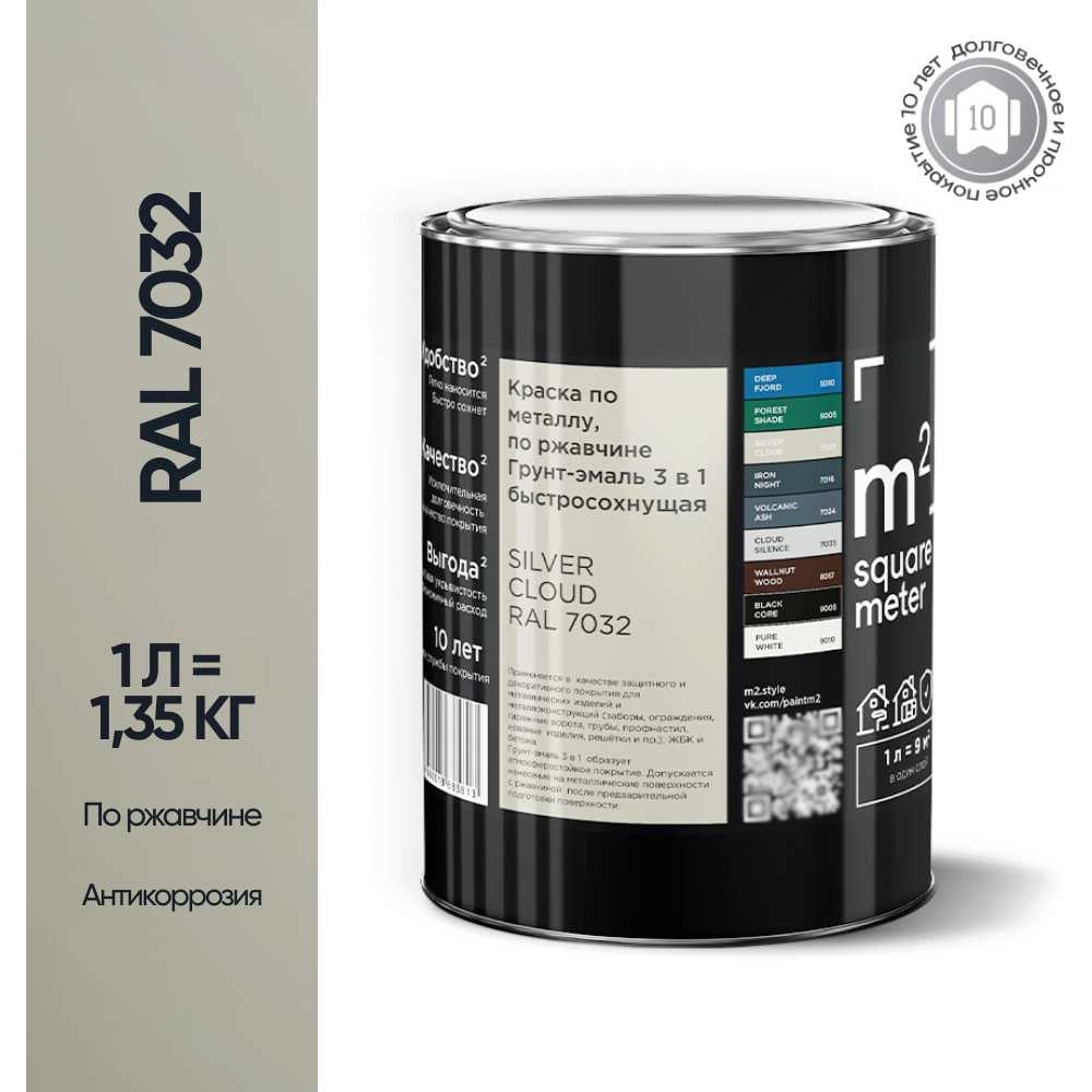 Изображение товара Грунт-эмаль M2 SQUARE METER 3 в 1 серый RAL 7032 по ржавчине 1 л Изображение товара Грунт-эмаль M2 SQUARE METER 3 в 1 серый RAL 7032 по ржавчине 1 л