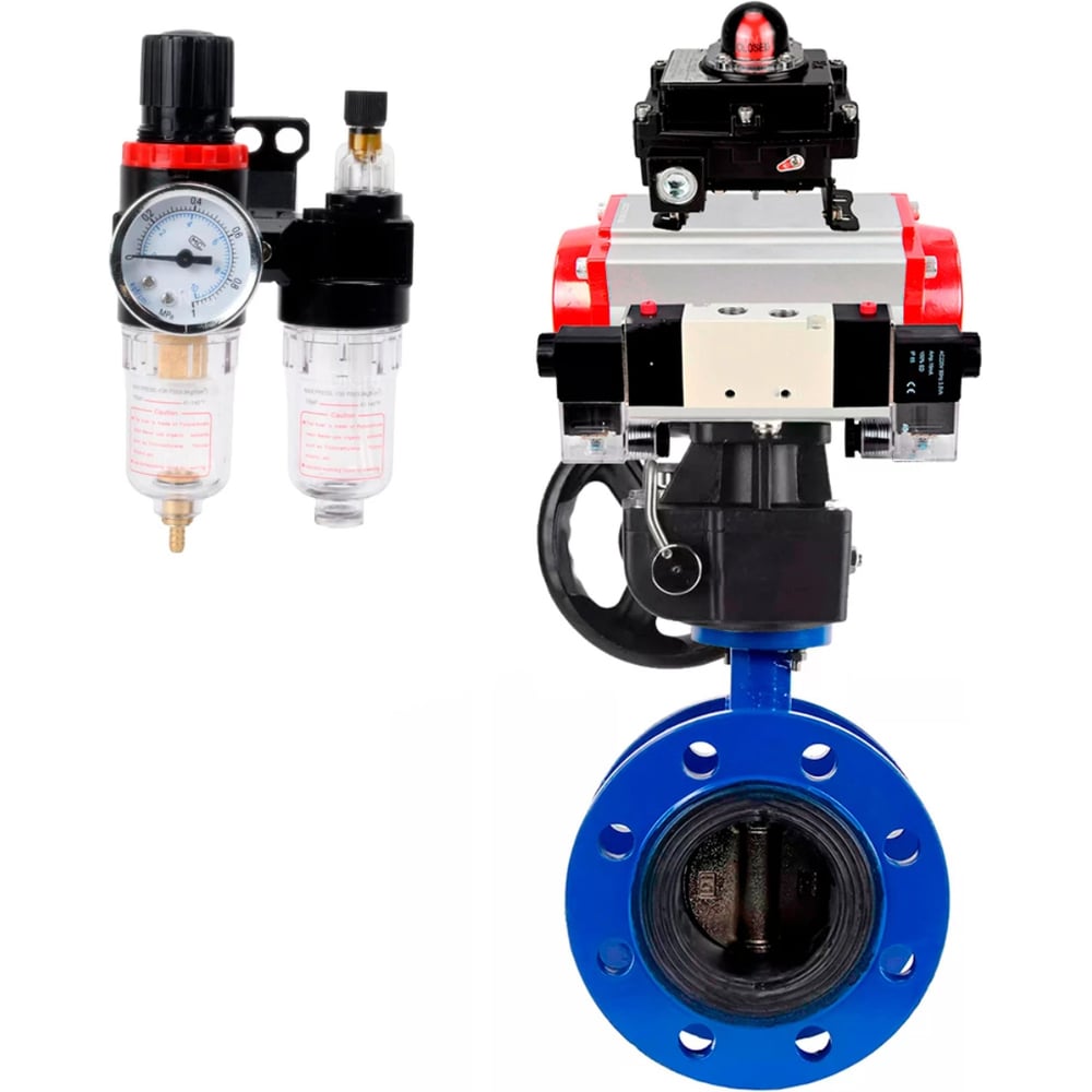 Изображение товара Затвор дисковый DN.ru GGG40-304-EPDM-2W-F-H Ду100 Ру16 пневмопривод 220VAC