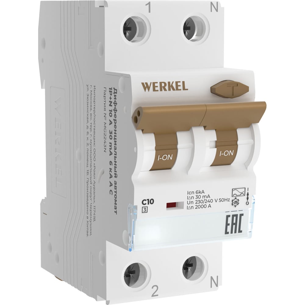 Изображение товара Дифференциальный автомат Werkel 1P+N 10 A 30 mА 6 kА C A a062568