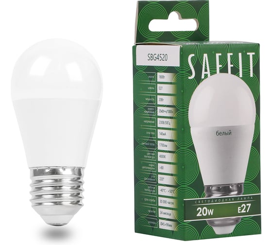 Изображение товара Лампа светодиодная SAFFIT SBG4520 Шарик E27 20W 230V 4000K, 55277