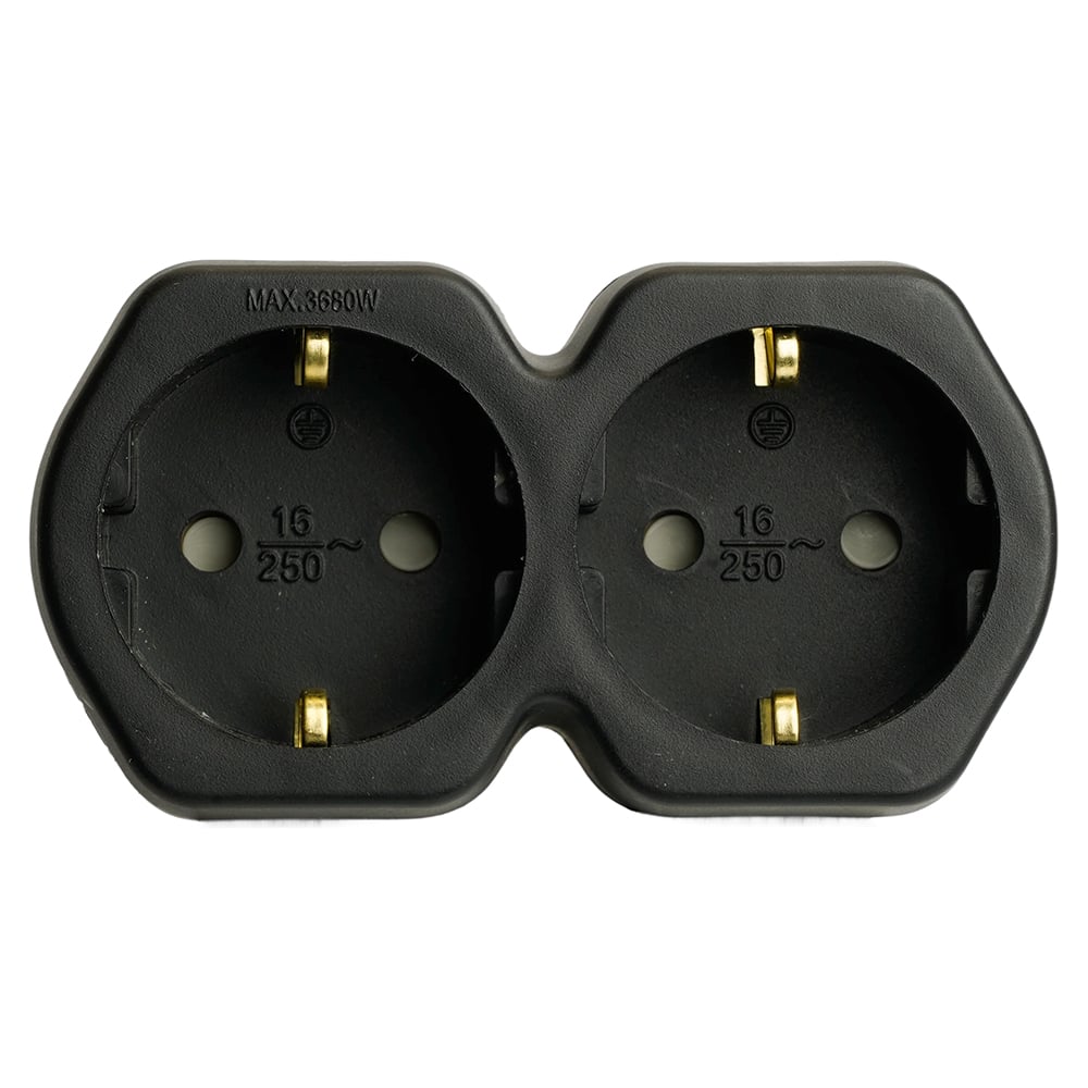 Изображение товара Разветвитель сетевой STEKKER 2-местный, с заземлением ADP16-12-21, 250V,16A, ABS огнеустойчивый пластик, черный 50107