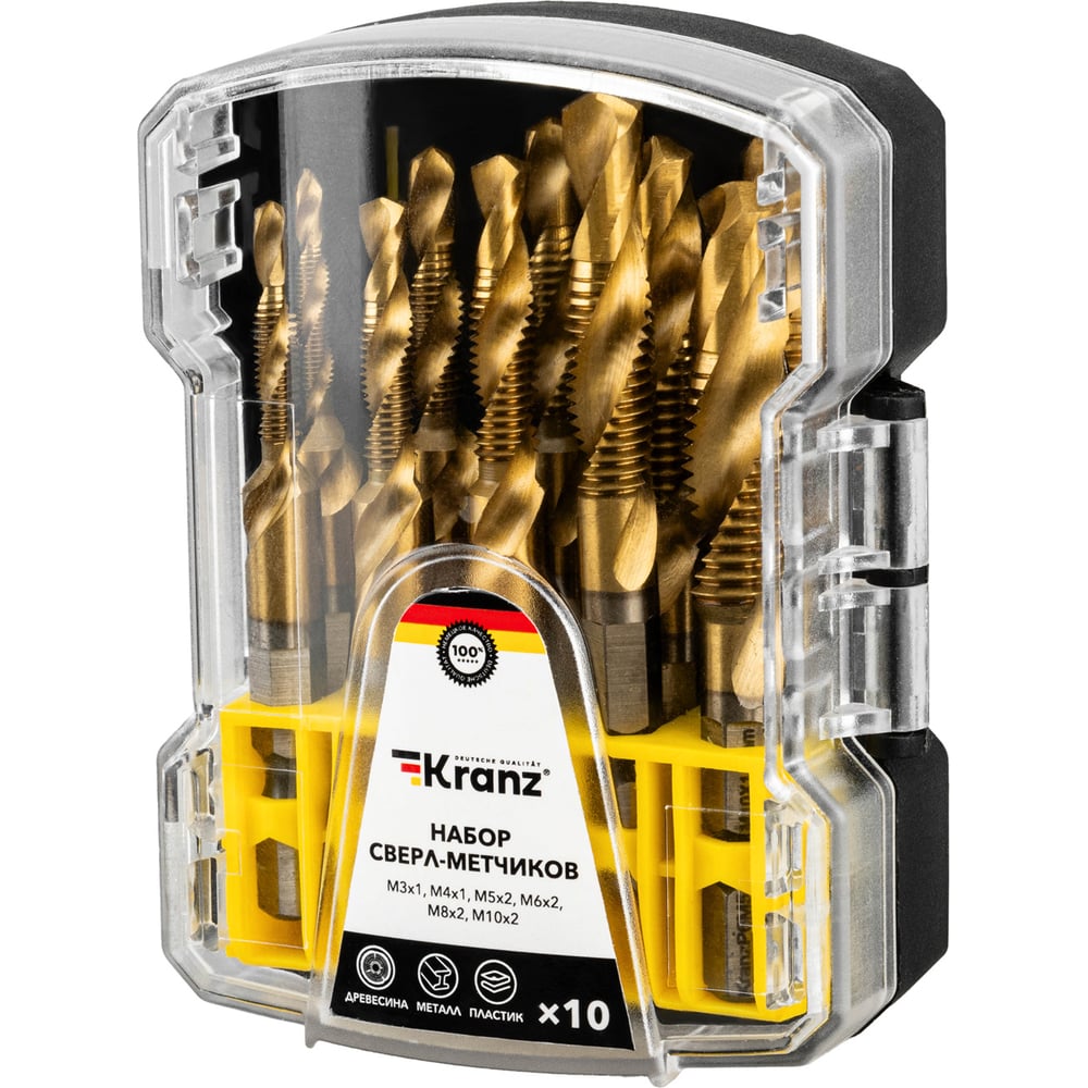 Изображение товара Набор сверл-метчиков KRANZ (М3х1, М4х1, М5х2, М6х2, М8х2, М10х2), Р6М5, титан, 10 шт, KR-91-0699