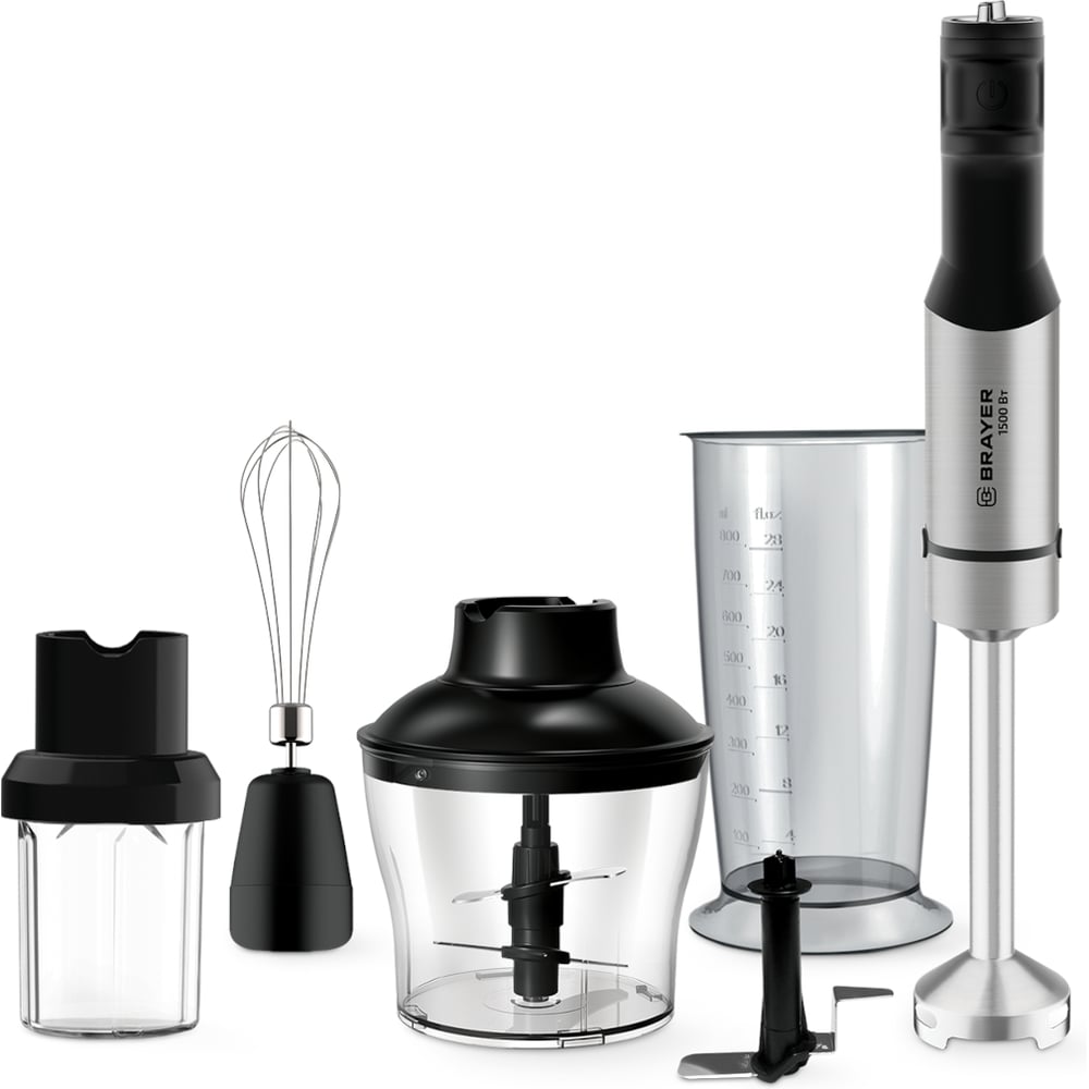 Изображение товара Блендер погружной BRAYER 1266BR 1500 Вт, венчик, измельчитель 600 мл, стакан 800 мл, кофемолка, лед BR1266