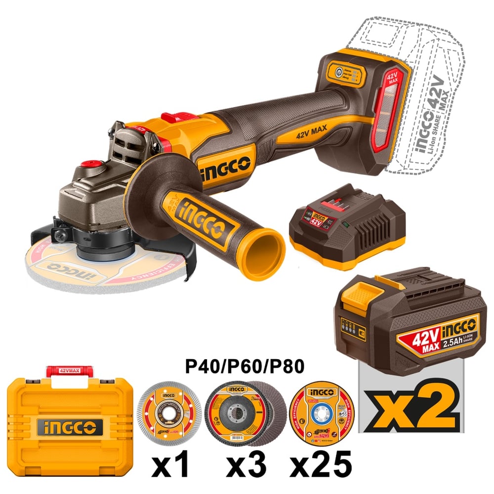 Изображение товара Аккумуляторная УШМ INGCO 42В 115 мм, б/щ (4) INDUSTRIAL CAGLI4128112