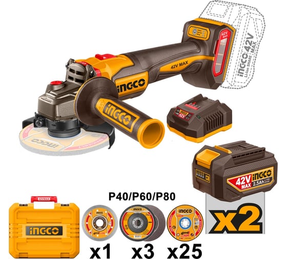 Изображение товара Аккумуляторная УШМ INGCO 42В 115 мм, б/щ (4) INDUSTRIAL CAGLI4128112