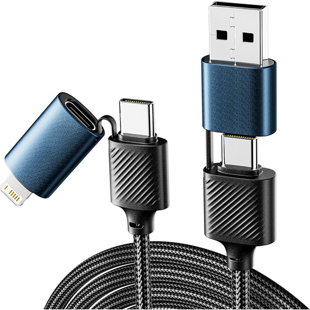 Изображение товара Кабель REXANT 4в1 (USB-A, Type-Cx2, Lightning) 65Вт, 1м, черная нейлоновая оплетка 18-7094