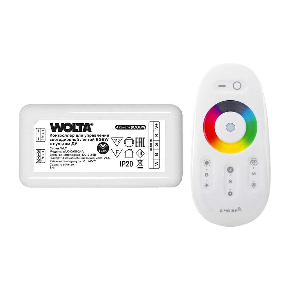 Изображение товара Контроллер 4-канальный Wolta для светодиодной ленты RGBW 12-24В, 24А с пультом RF2.4ГГц WLC-C/08-24A