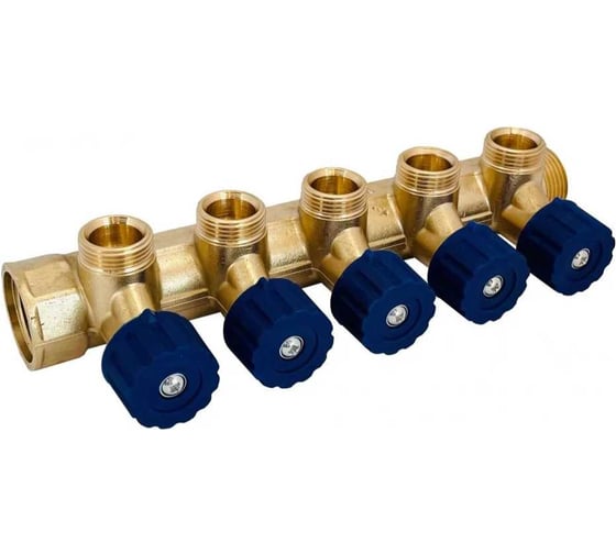 Изображение товара Коллектор латунный Апогей КЛА 2005.045-4У-ВГР(С)-15 DN20 ВР3/4- НР3/4 м/о 45 мм НР1/2''ЕК с регулирующими вентильными головками синими на 5 выходов 411016