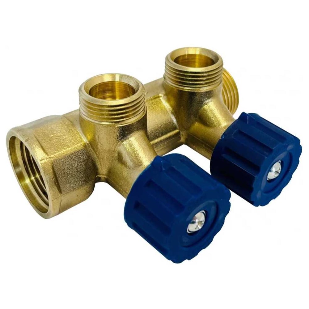 Изображение товара Коллектор латунный Апогей КЛА 2002.045-4У-ВГР(С)-15 DN20 ВР3/4- НР3/4 м/о 45 мм НР1/2''ЕК с регулирующими вентильными головками синими на 2 выхода 411013