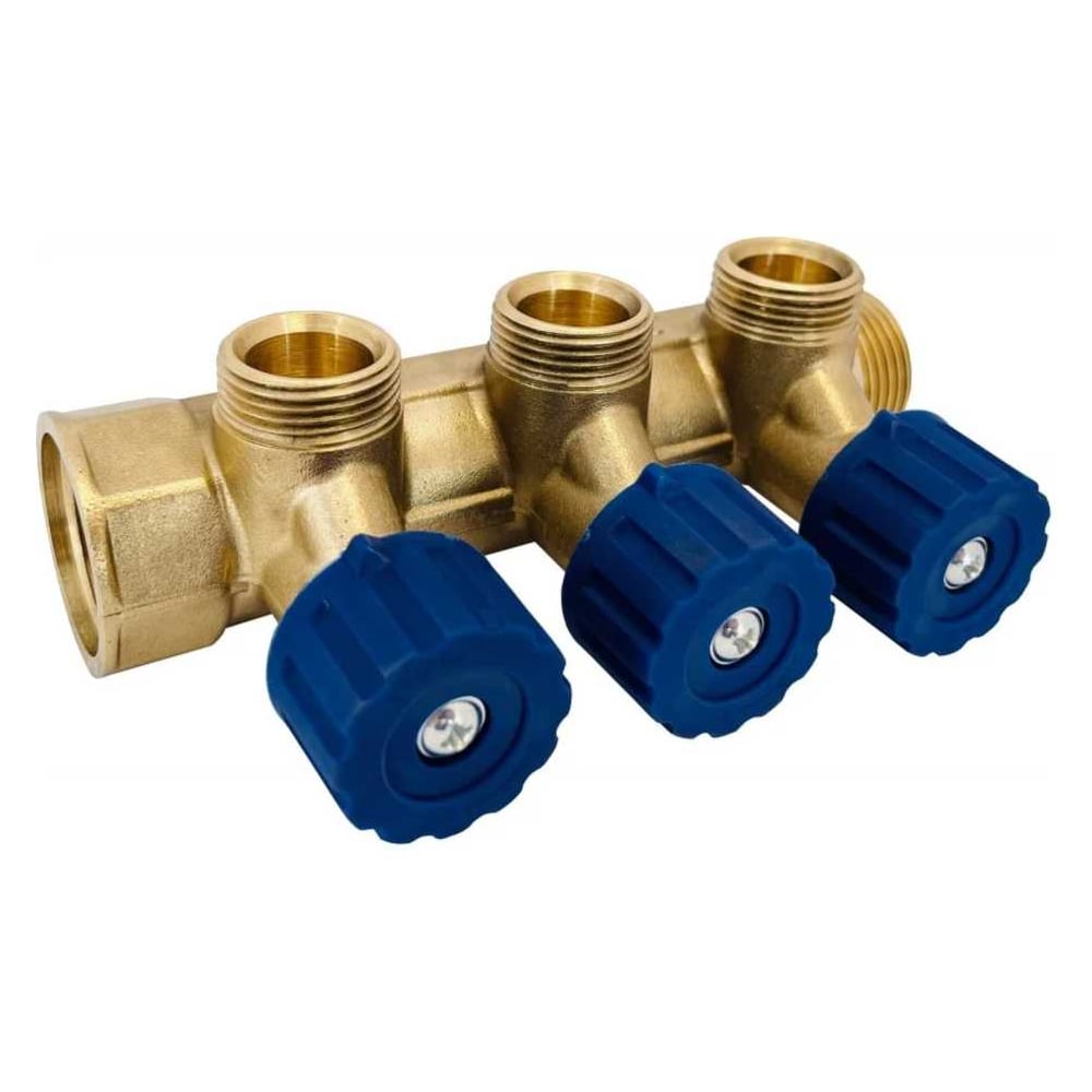 Изображение товара Коллектор латунный Апогей КЛА 2003.045-4У-ВГР(С)-15 DN20 ВР3/4- НР3/4 м/о 45 мм НР1/2''ЕК с регулирующими вентильными головками синими на 3 выхода 411014