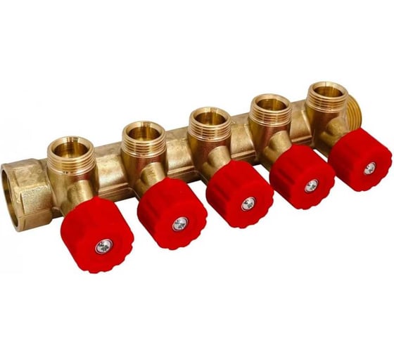 Изображение товара Коллектор латунный Апогей КЛА 2005.045-4У-ВГР(К)-15 DN20 ВР3/4- НР3/4 м/о 45 мм НР1/2''ЕК с регулирующими вентильными головками красными на 5 выходов 411012