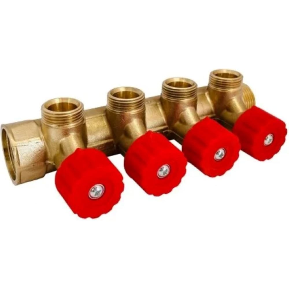 Изображение товара Коллектор латунный Апогей КЛА 2004.045-4У-ВГР(К)-15 DN20 ВР3/4- НР3/4 м/о 45 мм НР1/2''ЕК с регулирующими вентильными головками красными на 4 выхода 411011