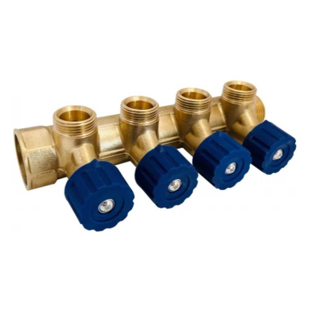 Изображение товара Коллектор латунный Апогей КЛА 2004.045-4У-ВГР(С)-15 DN20 ВР3/4- НР3/4 м/о 45 мм НР1/2''ЕК с регулирующими вентильными головками синими на 4 выхода 411015