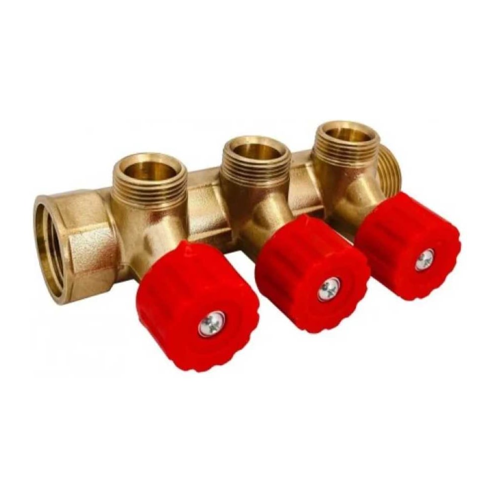 Изображение товара Коллектор латунный Апогей КЛА 2003.045-4У-ВГР(К)-15 DN20 ВР3/4- НР3/4 м/о 45 мм НР1/2''ЕК с регулирующими вентильными головками красными на 3 выхода 411010